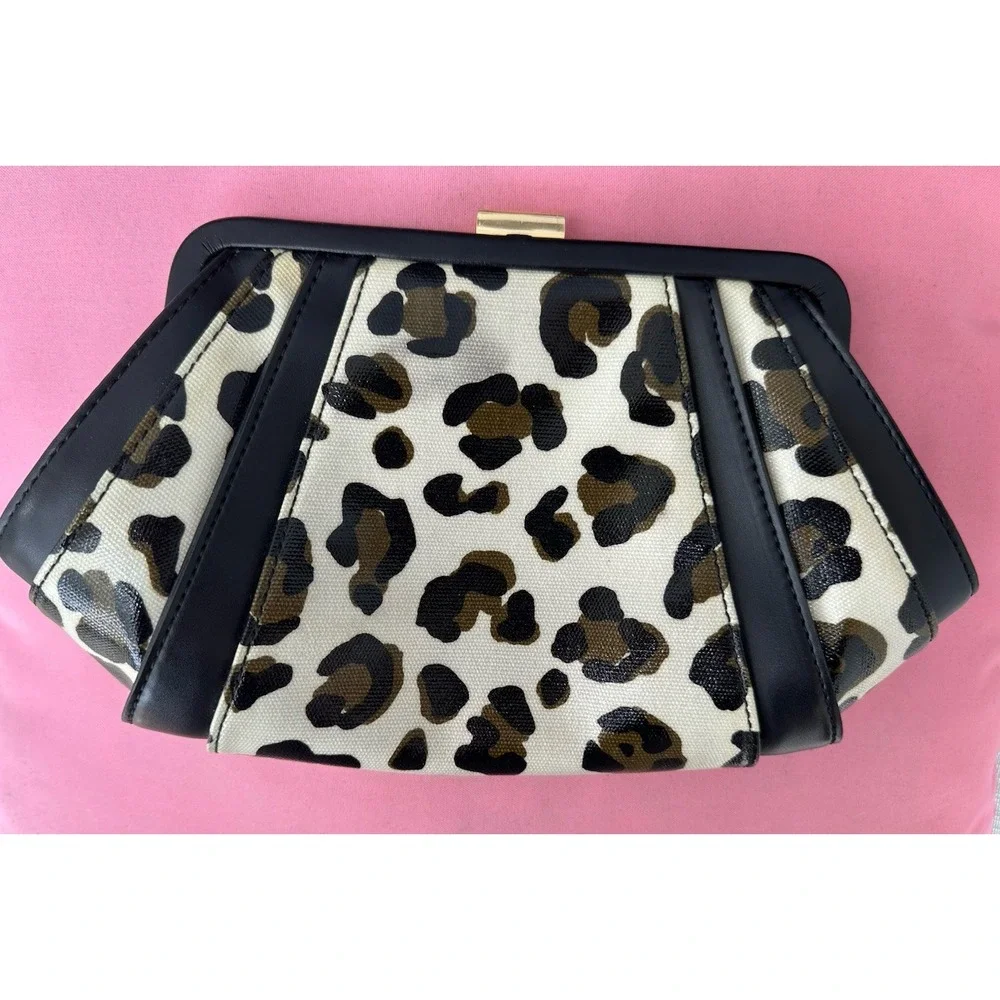 ZAC Zac Posen Leopard Print Clutch Bag‎ Purse Bow Fan Pleat Gold Hardware